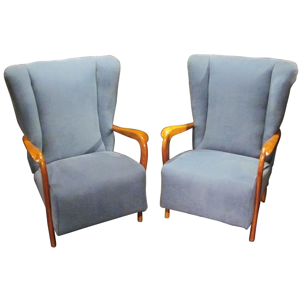 Mid-Century Pair of Upholstered Blue High Back Chairs, Italy, 1960s