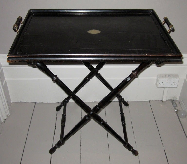 19thc English Black Faux Bamboo Base Tray Table Top Side Bar