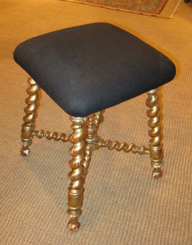 19th century French Napoleon III gold gild spool leg foot stool / newly upholstered seat cushion.