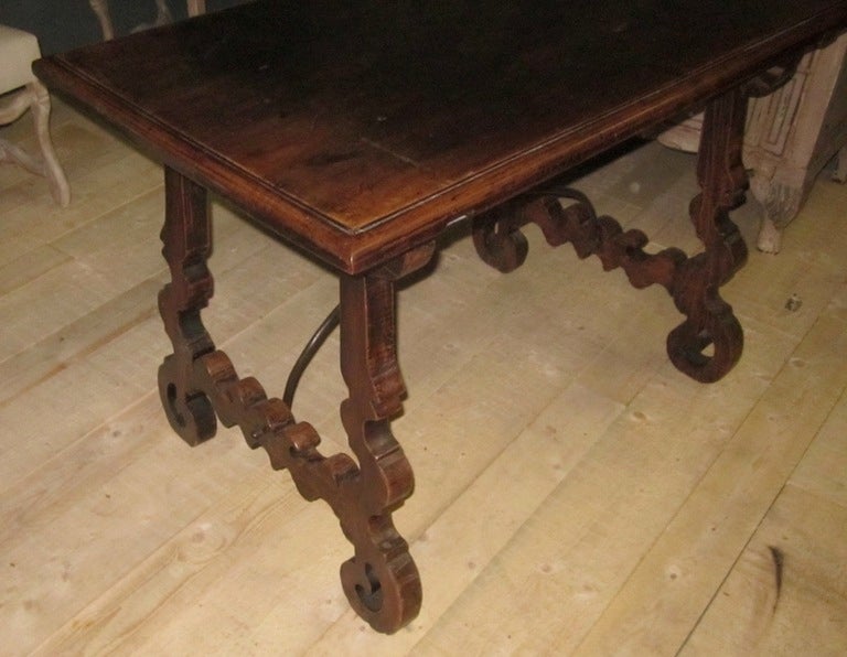 19th Century Italian Walnut Side Table with Iron Cross Bar Base For Sale 3