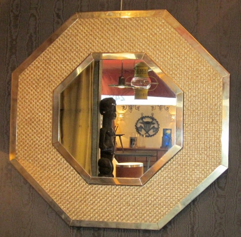 1970's Italian Octagonal Seagrass and Brass Mirror