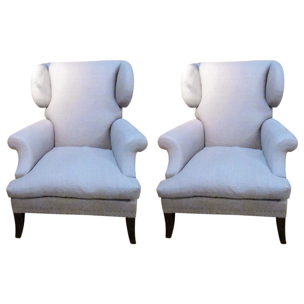 Upholstered Pair Of Wing Chairs, England, 19th Century