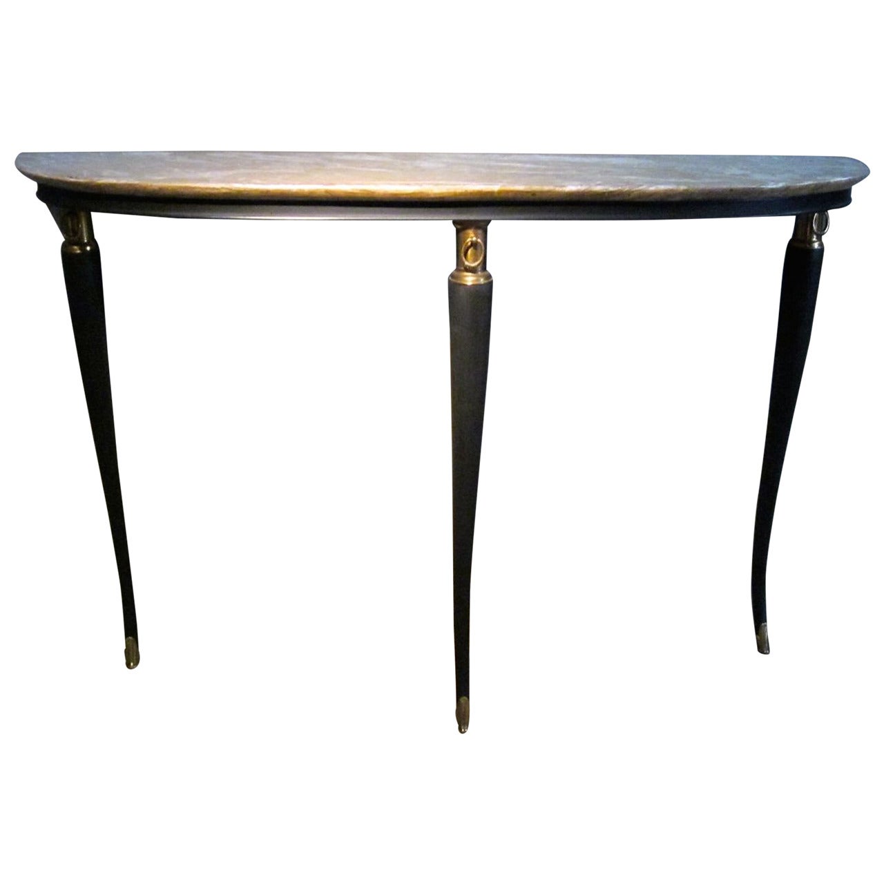 Marble Top Ebonized Demi-Lune Console Table, Italy, Mid-Century
