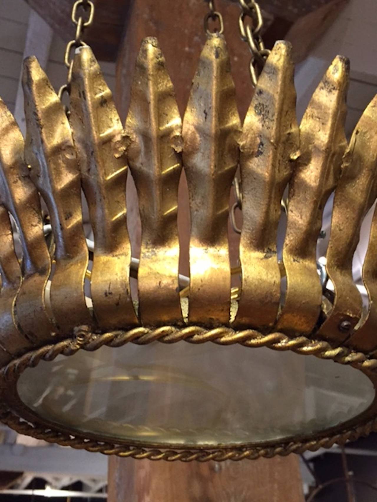 1940s Gold Gilt Metal Crown Chandelier, Spain In Excellent Condition In New York, NY