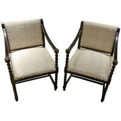 19th c. French Napoleon III Pair Spool Leg Chairs