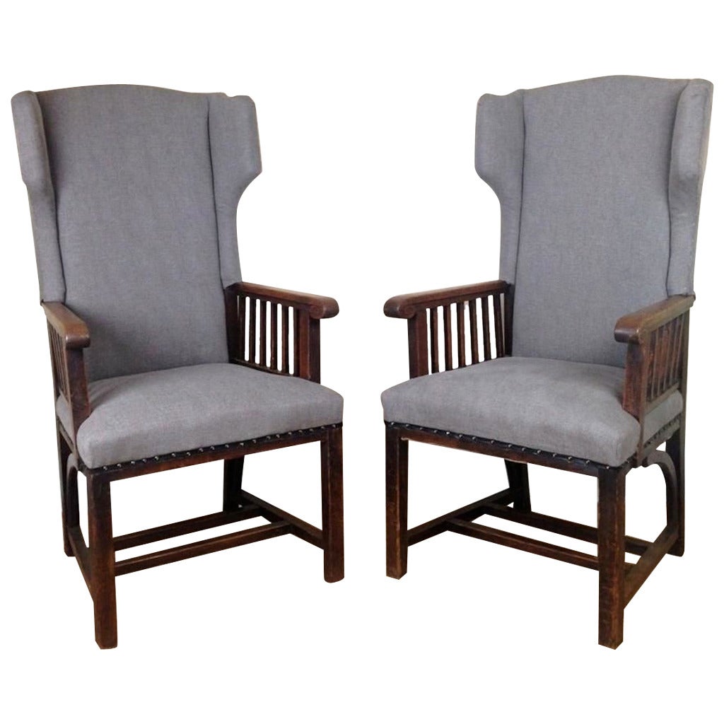 Arts and Crafts Pair of Upholstered Wing Chairs, England, circa 1900s