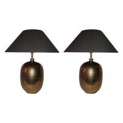 Pair of Gold Faux Shagreen Porcelain Egg-Shaped Lamps, Contemporary