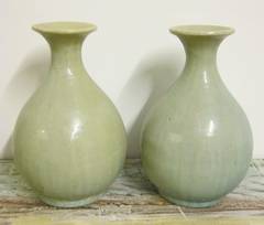 Pair Of Ceramic Celadon Glazed Small Neck Vases, China, Contemporary