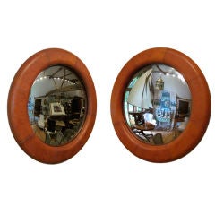 Pair Of Italian Leather Framed Convex Mirrors