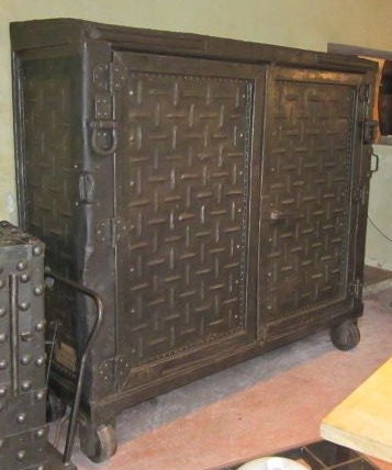 French Industrial Steel cabinet originally used to store documents for the French train company<br />
Unusual patterned doors<br />
Great patina<br />
Interesting hardware details<br />
Perfect for storing stereo and television<br />
Three