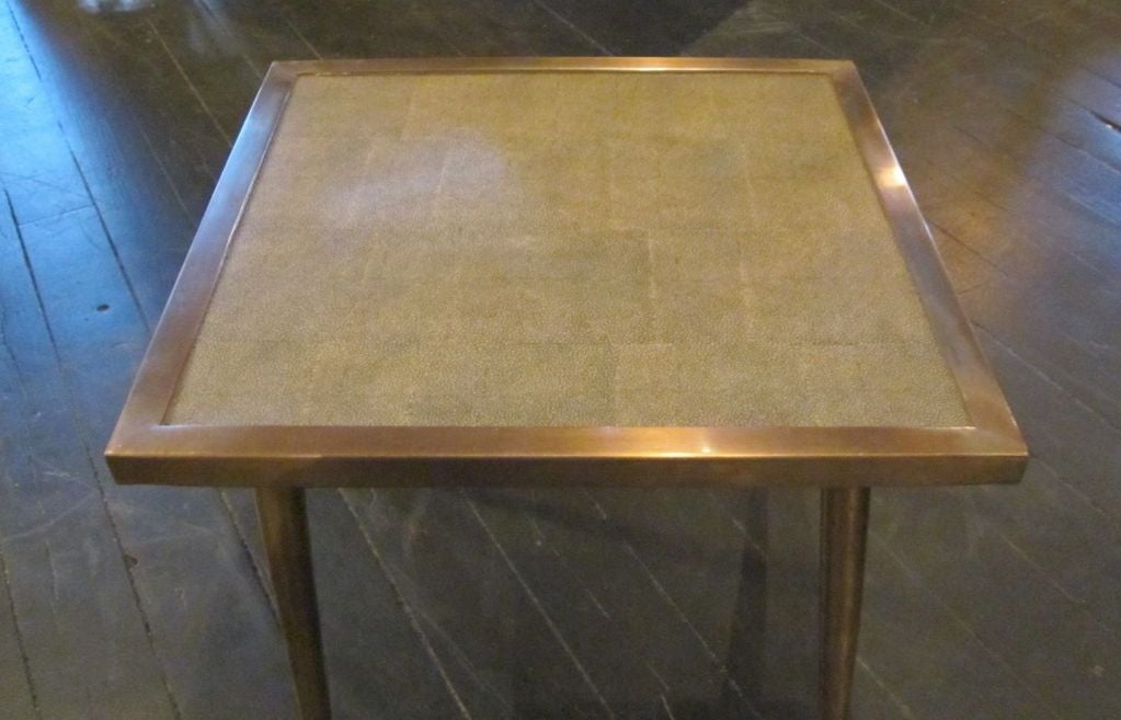 Faux shagreen small side table with a brass base and trim. The top is faux shagreen over porcelain.  The table comes in two additional sizes: Large 24x24x16ht priced at $3200 and a rectangular shape 23x15x15ht priced at $2800