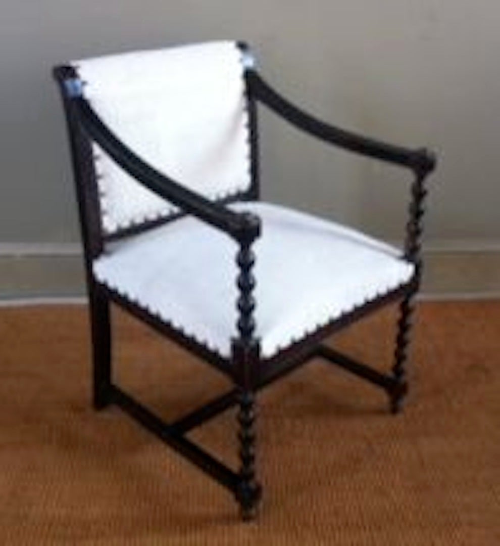 Ebonized Pair of French Arm Chairs, Linen Upholstery, circa 1940s