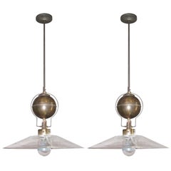 Italian Pair of Square Glass Shade Industrial Light Fixtures, Contemporary