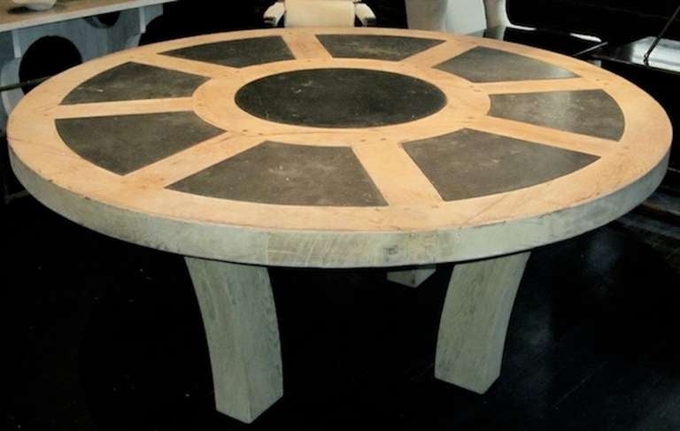 Belgian round bleached vintage white oak dining table with inserts of bluestone on the top. Can be custom made to any size.