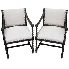 Vintage Pair of French Arm Chairs, Linen Upholstery, circa 1940s