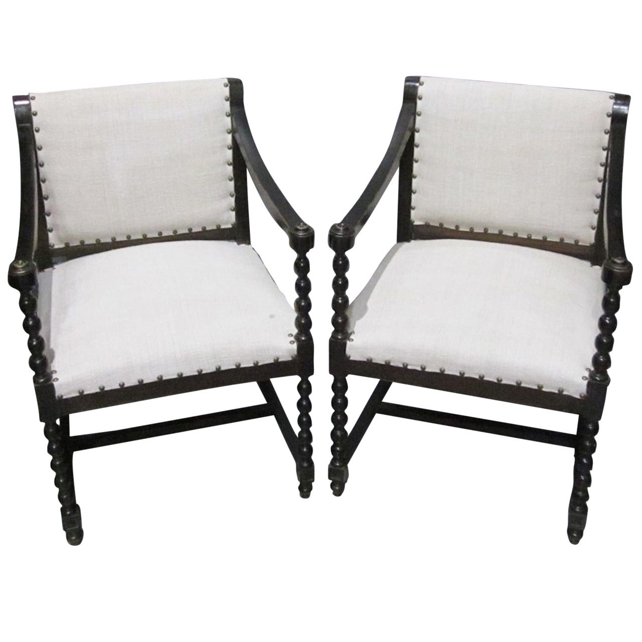 Pair of French Arm Chairs, Linen Upholstery, circa 1940s
