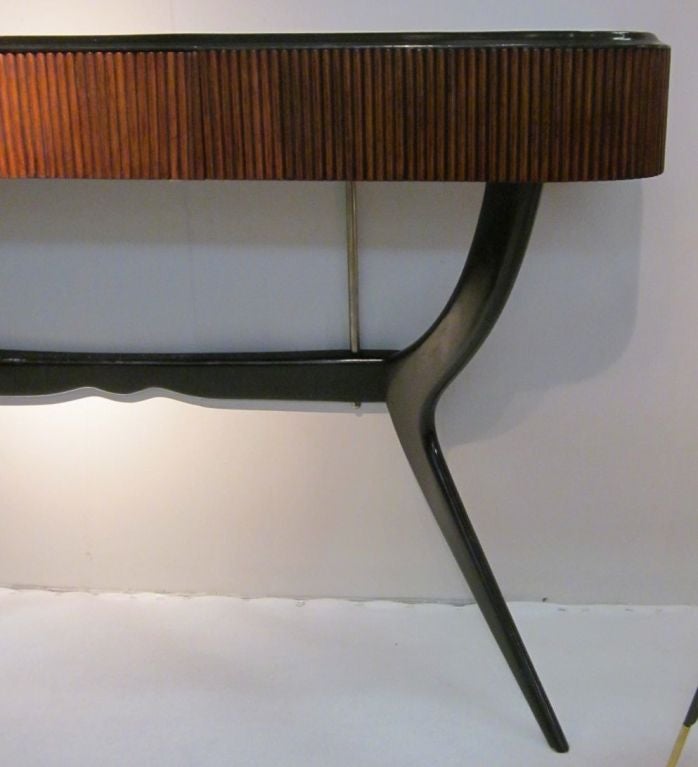 Narrow console table with center drawer / ebony and mahogany woods