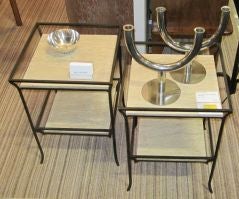 Pair Travertine and Iron Two Tiered Side Tables