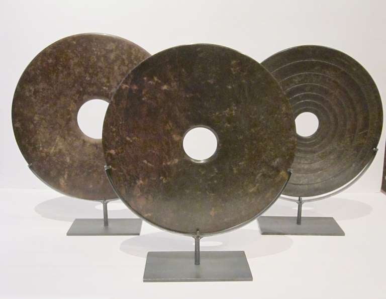 Chinese Set of 3 Speckled Jade Discs