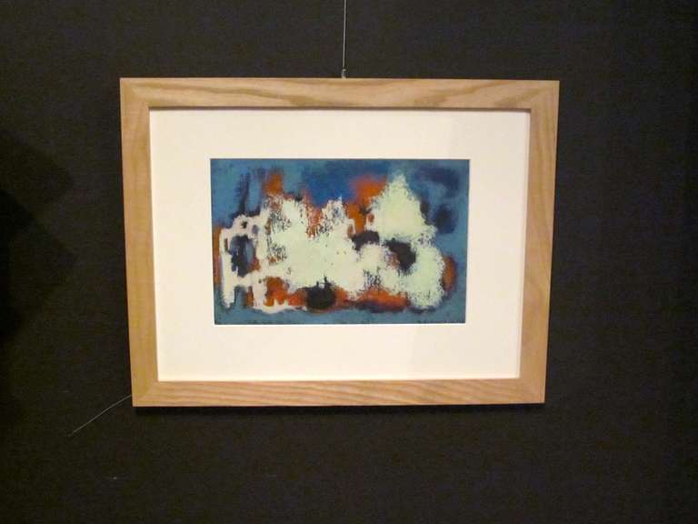 1950s German acrylic abstract painting in wood frame.
Artist unknown.