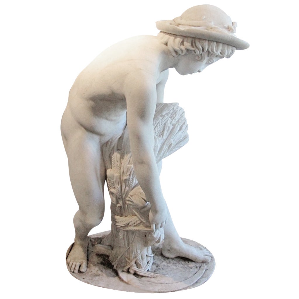 19th Century Italian Carrara Marble Statue of Boy with Wheat