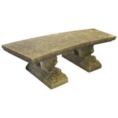 Vintage English Stone Curved Garden Bench With Cast Lion Legs, circa 1940s