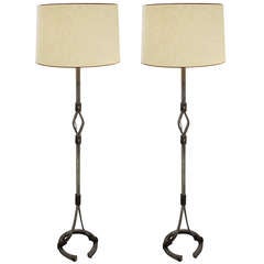 1950's French Pair Leather and Steel Floor Lamps