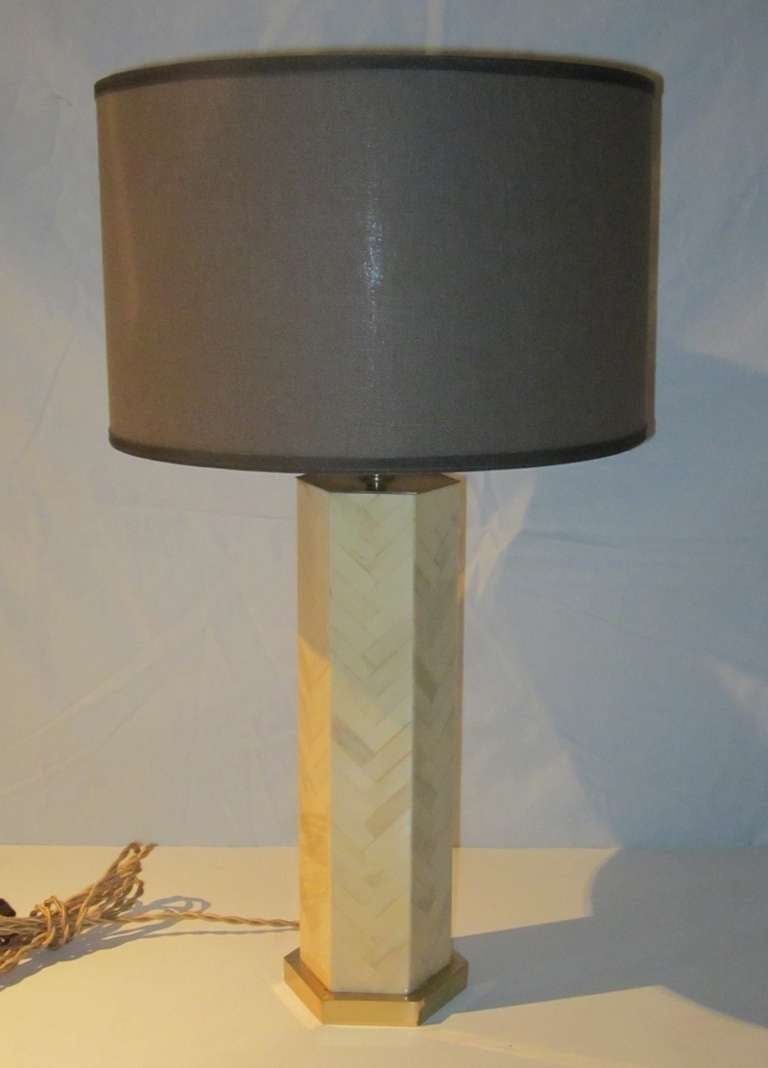 1970s Italian faux bone hexagon herringbone pattern lamp. The custom brown linen shade is 14