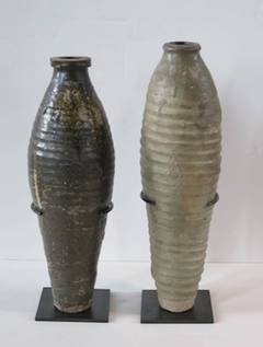 Antique Ribbed Terra Cotta Vases on Metal Stands, China, 1850c