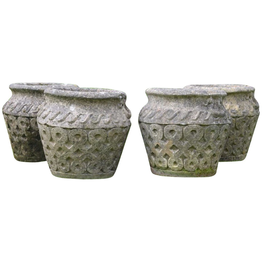 English Cotswold Studio Carved Round Stone Planters, circa 1920s