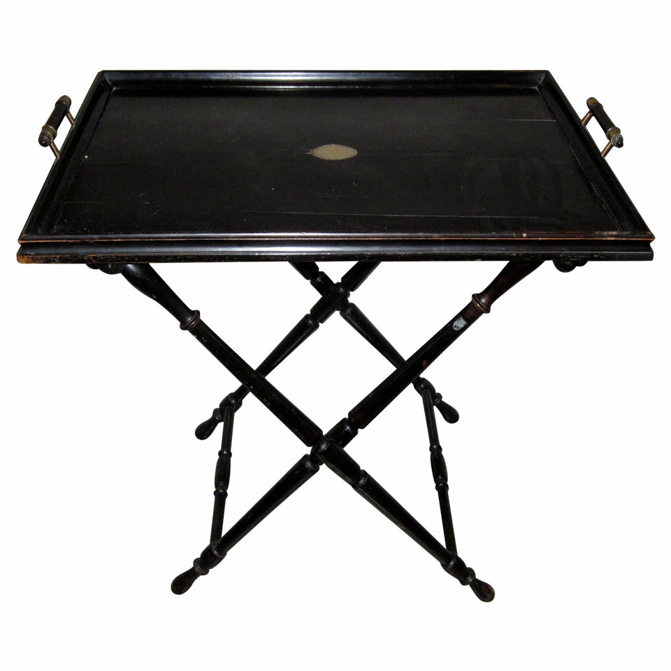 19thc English Black Faux Bamboo Base Tray Table Top Side Bar
