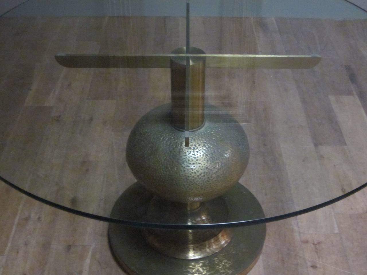 Hammered Italian Brass Glass Dining Table by Luciano Frigerio