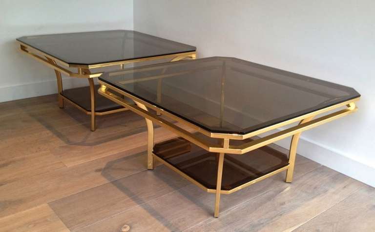 Modern 1970s Square Coffee Table-Smoked Glass and Brass, France