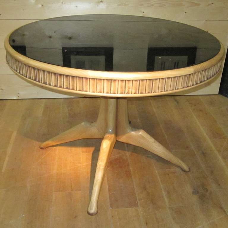 Mid-Century Modern 1940s Center Hall/Side Table-Ash Wood and Dark Glass, Italy