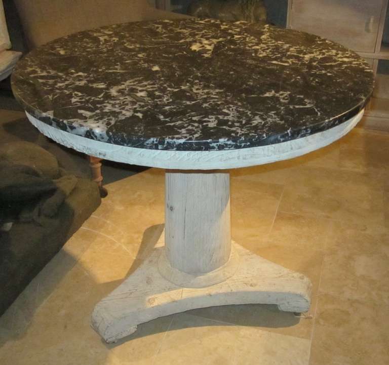 19th c. French Gueridon Bleached Oak and Marble Top Table