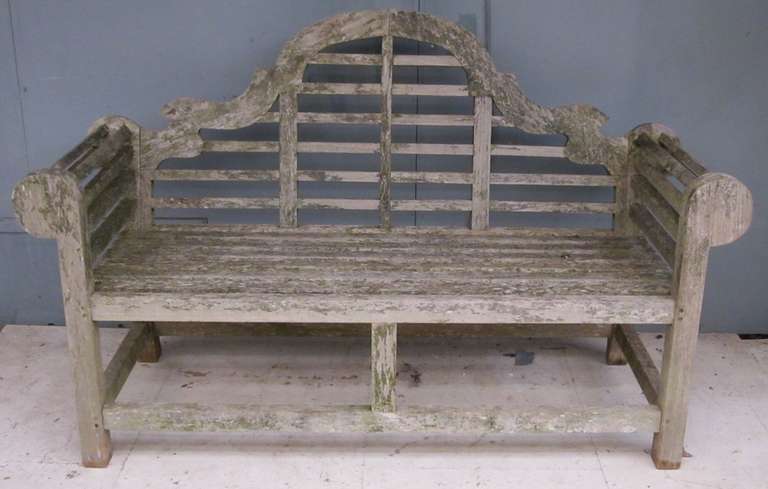 1920's English Lutyens teak garden bench. Nice worn patina and in excellent condition.