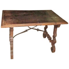 19th Century Italian Walnut Side Table with Iron Cross Bar Base