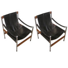 Pair of Black Leather Chrome and Wood Frame Side Chairs, Danish, 1960s
