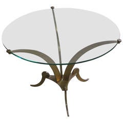 1970s French Round Glass-Top and Curved Brass Base Coffee Table