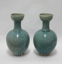 Washed Turquoise Pair of Wide Mouth Vases, China, Contemporary
