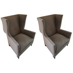 English Style Upholstered Pair of Grey Wing Back Armchairs, Contemporary