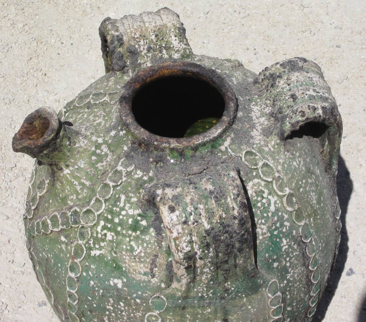 French 19th Century Textured Green Jug with Handles and Spout, France