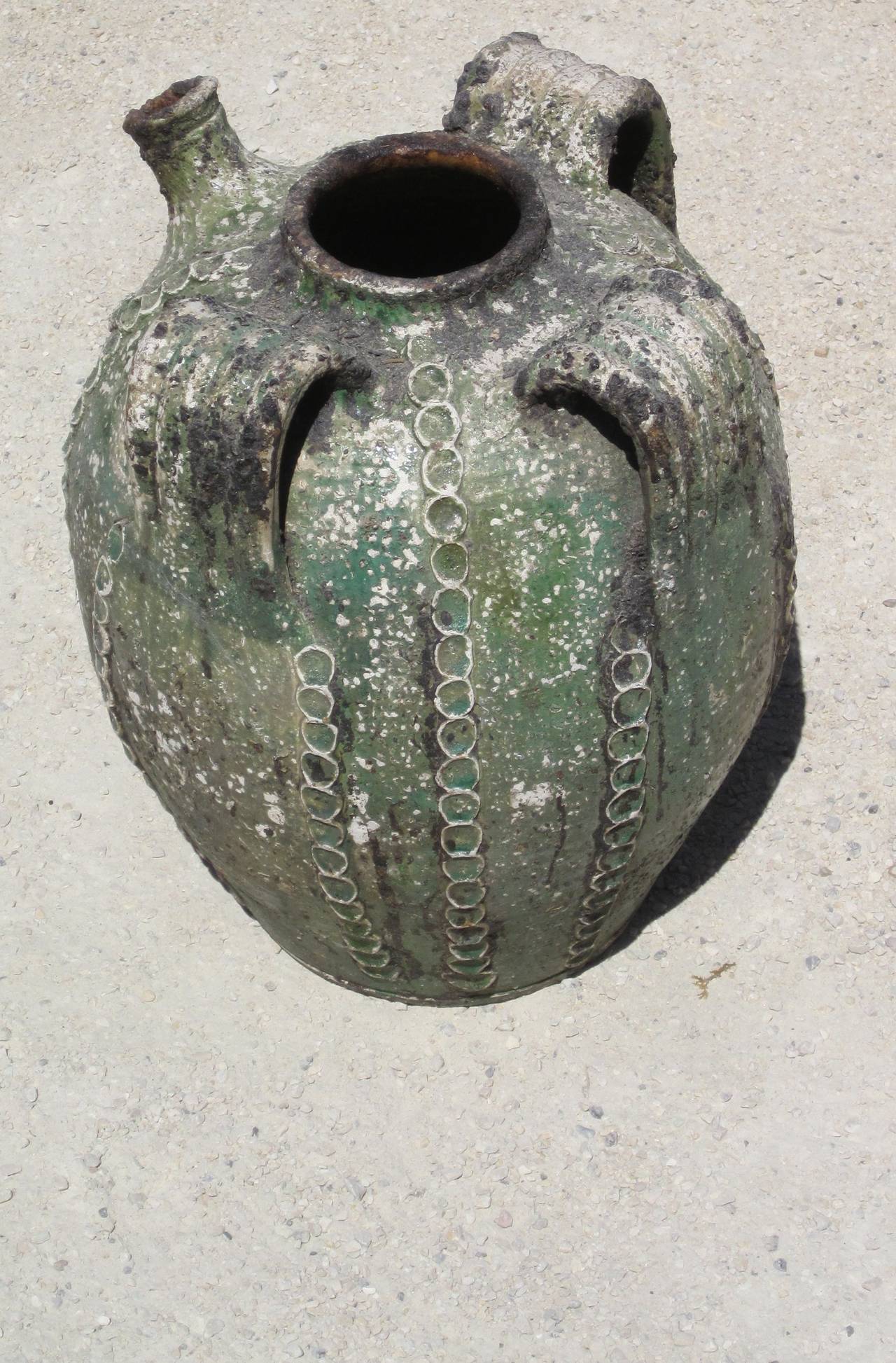 Pottery 19th Century Textured Green Jug with Handles and Spout, France