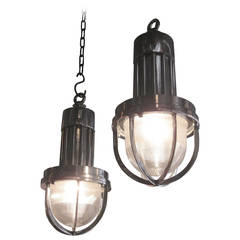 Pair of Brushed Steel Industrial Lights, France, 1940s