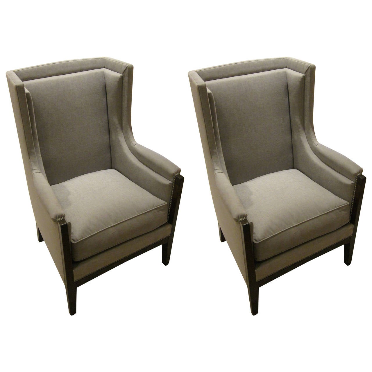 Pair of French Arts and Crafts Upholstered Grey Club Chairs, circa