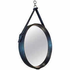 Vintage Spanish Mid Century Round Leather Mirror