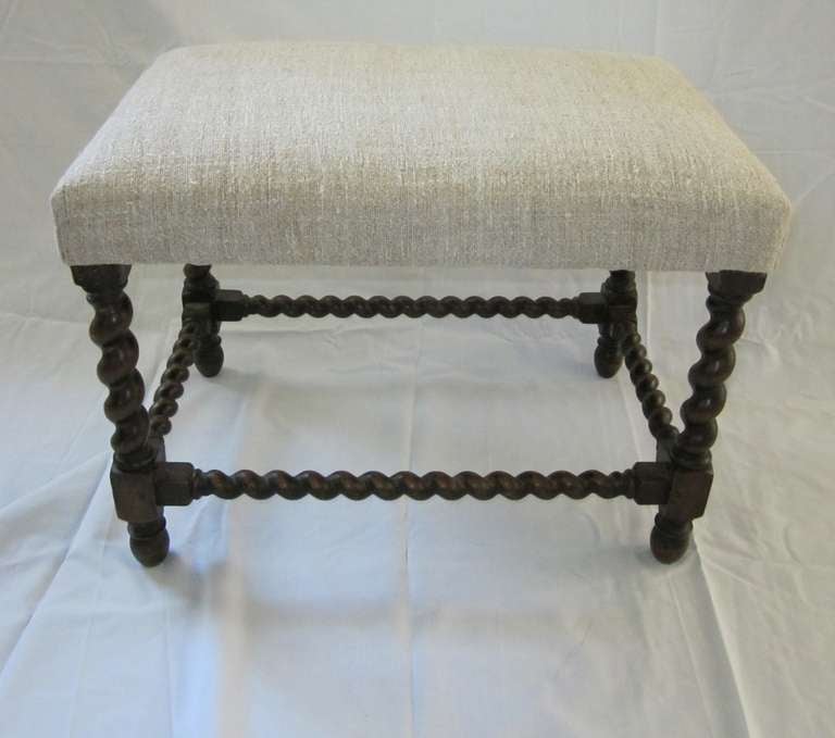Classic turned frame. The stools were recently reupholstered in  vintage Belgian linen.
A pair available.
Priced separately.