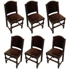 Antique Set of 6 French Leather Dining Chairs