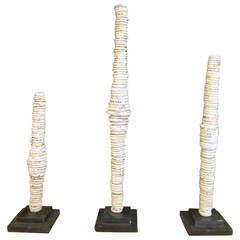 Set of Three Cream Shell Coin Sculptures on Stands, Indonesia, Contemporary