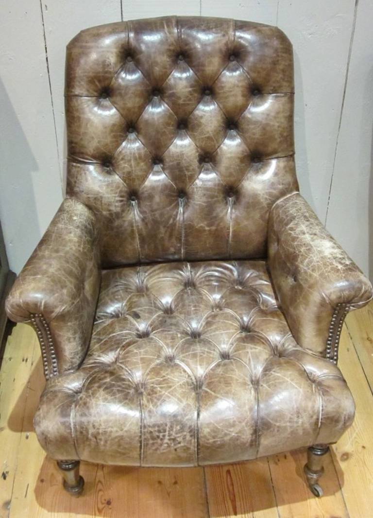 English Tufted Leather Pair of Club Chairs, England, 1850c